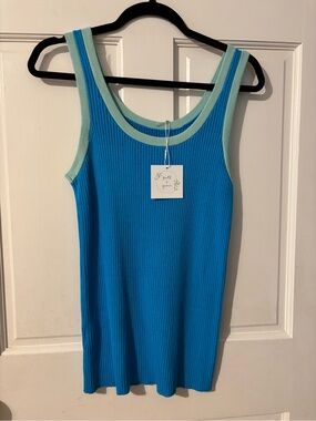 NWT, Bright Blue Ribbed Tank with Mint Trim -